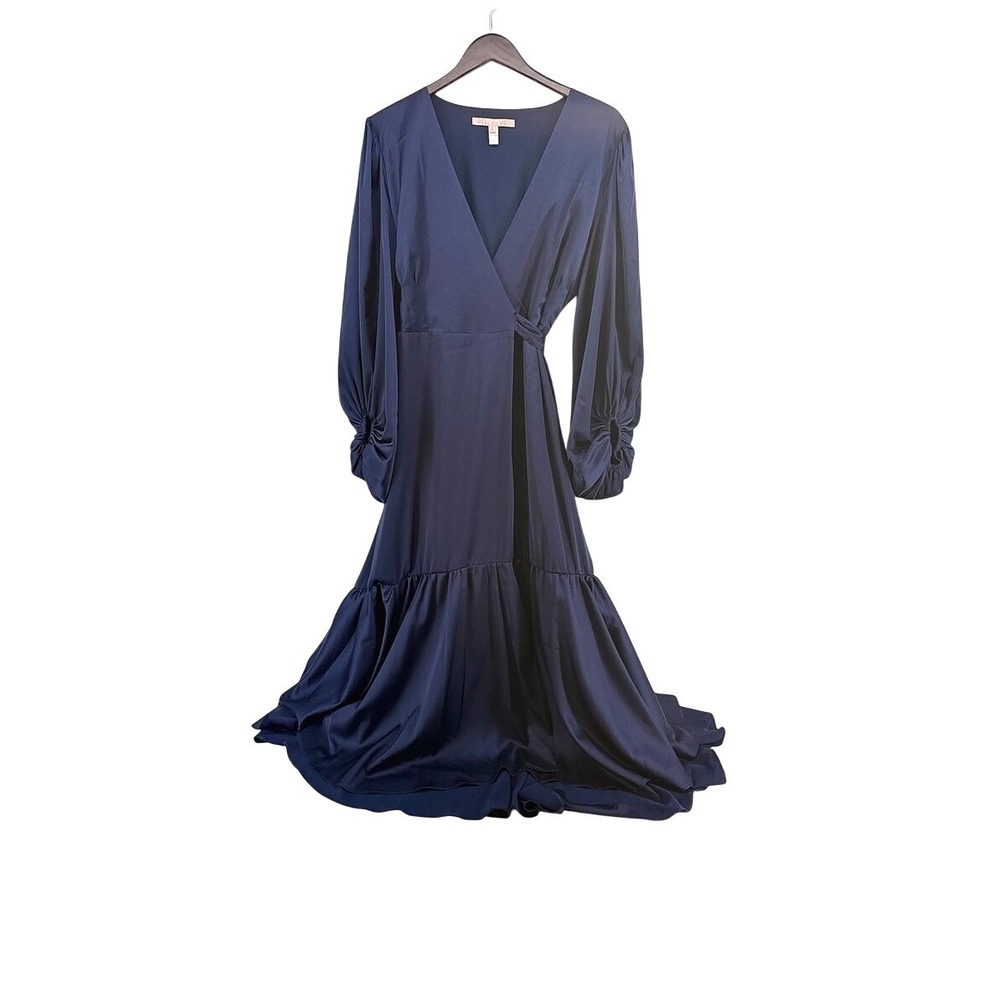Hutch Robyn Navy Satin Wrap Maxi Dress Long Balloon Sleeve Ruffle Hem Size L